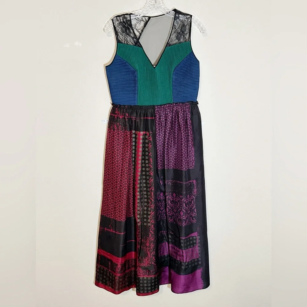 Anthropologie Niki Mahajan Lined Silk Patchwork Lace Multicolor Midi Dress S- 8 - Picture 4 of 16